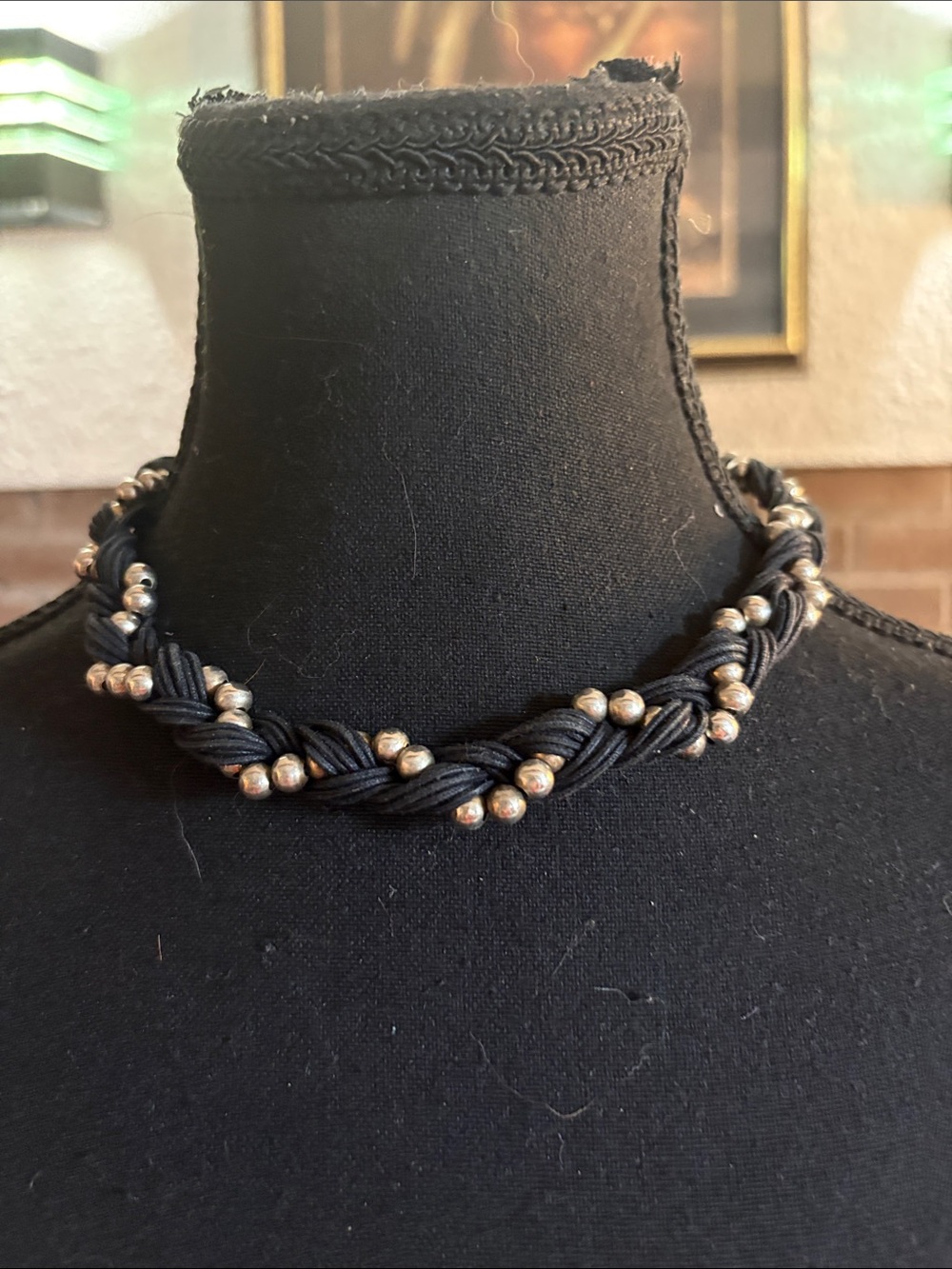 Braided Black Cord Necklace with Silver Bead Detailing